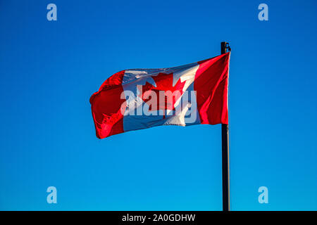Eine kanadische Flagge weht auf dem Fahnenmast im Wind. Die rote und die weiße Flagge von Kanada ist mit einem maple leaf geschmückt und wird hier in der hellen Farbe gesehen. Stockfoto