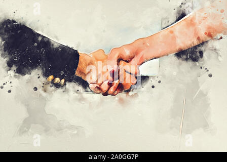 Abstrakte Business woman Handshake auf Aquarell illustration Malerei Hintergrund. Stockfoto