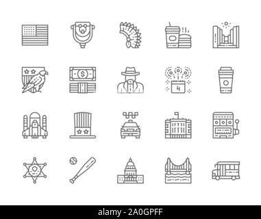Einstellen der amerikanischen Kultur Zeile für Symbole. Der Weißkopfseeadler, Dollar, Cowboys, Casino und mehr Stock Vektor