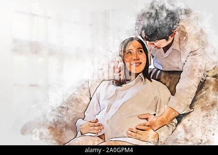 Abstrakte farbenfrohe Form auf Close-up Bauch Frau und Mann hören Musik im Hause auf Aquarell illustration Malerei Hintergrund. Stockfoto
