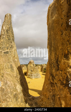 Bizarre Felsformationen der Pinnacles am späten Nachmittag Licht, dunkle Wolken im Hintergrund, Nambung Nationalpark, Western Australia Stockfoto