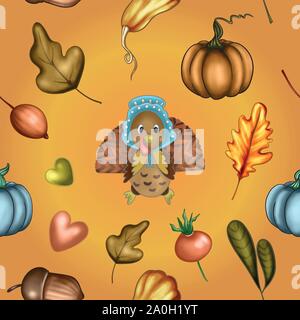 Vector Illustration Herbst nahtlose Thanksgiving Muster mit der Türkei, Kürbisse, eiche Blätter und Eicheln Stock Vektor