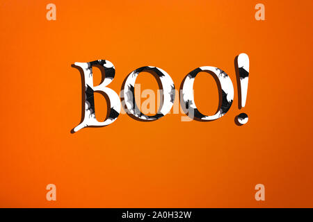 Kreative minimalistisch halloween Text auf orangem Hintergrund. Weiße Buchstaben mit Fledermäusen und Schatten. Stockfoto