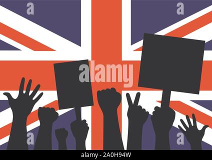 Die demonstranten als Silhouetten demonstrieren vor große britische Flagge. Brexit Konzept von Menschen protestieren gegen England. Stock Vektor