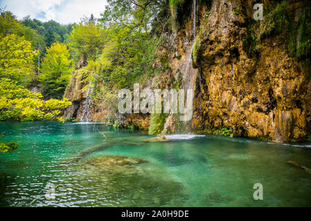 Beeindruckende Wasserfälle mit kristallklarem Wasser in den Wald im Nationalpark Plitvicer Seen, Kroatien. Natur Landschaft Stockfoto