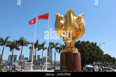 (190920) - BEIJING, Sept. 20, 2019 (Xinhua) - Foto auf Aug 5, 2019 zeigt Chinas nationale Flagge und der Flagge der Hong Kong Special Administrative Region (SAR) auf der Golden Bauhinia Square in Hong Kong, South China übernommen. Als die "Perle des Orients", Hong Kong bekannt ist, hat eine Fläche von mehr als 1.100 Quadratkilometern. Die Metropole bietet nicht nur die bekannten Wahrzeichen, sondern auch schöne Landschaften. Verschiedene Landschaftsformen bieten Lebensräume für Tiere und Pflanzen in der Stadt. Und Hongkong hat Bemühungen auf ökologischen Schutz für Jahre zur Verwirklichung einer nachhaltigen Entwicklung Stockfoto