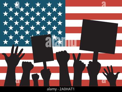 Die demonstranten als Silhouetten demonstrieren vor grosse amerikanische Flagge. Konzept von Menschen protestieren gegen USA Stock Vektor