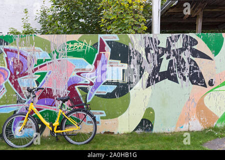 Norderney; Graffiti, Bauzaun, Fahrrad, Ruine, Weststrandstrasse Stockfoto