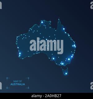 Australien Karte mit Städten. Leuchtenden punkten - Neonlicht auf dunklem Hintergrund. Vector Illustration. Stock Vektor