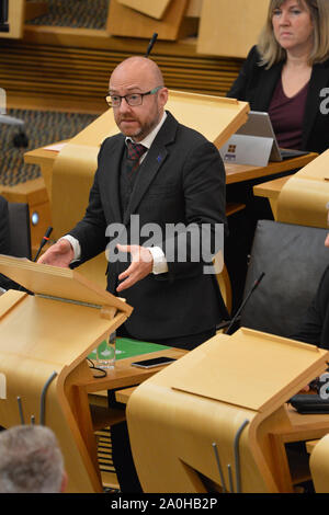 Edinburgh, Großbritannien. 19. September 2019. Im Bild: (Top) Alison Johnstone MSP-Co-Leader der schottischen Grünen Partei; (Mitte) Patrick Harvie MSP-Co-Leader der schottischen Grünen Partei. Wöchentliche Sitzung des Ersten Minister Fragen im schottischen Parlament versucht, einen Weg durch den Fallout der neuesten Brexit Verwirrung zu lenken und Schottland von aus der EU zu verhindern. Stockfoto