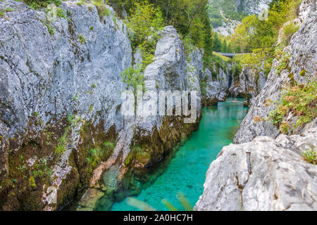 Panorama der Grand Canyon des Fluss Soca. Im Triglav National Park in der Nähe von Bovec, Gorizia, Slowenien, Europa. Stockfoto