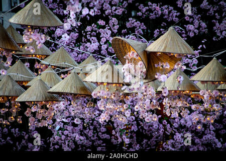 Rosa Kirschblüten, Lichterketten und asiatischen konischen Hüte als traditionelle Dekoration für Tet der Vietnamesischen neues Jahr Stockfoto