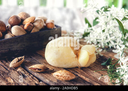 Frische, traditionelle italienische Kuh oder Ziege und Schafskäse halbweich Caciocavallo, Scamorza ist bereit, mit Mandelnüssen zu essen. Stillleben Stockfoto