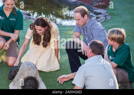 Herzog und Herzogin von Cambridge besuchen Taronga Zoo, Sydney, Australien. Katharina, Herzogin von Cambridge und Prinz William, Herzog von Cambridge treffen eine Echi Stockfoto