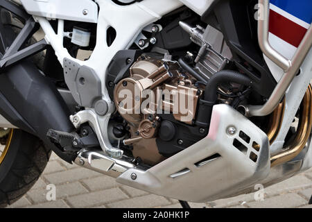 Vilnius, Litauen - 10. Mai: Motor von Honda Motorrad closeup am 10 Mai, 2019 in Vilnius, Litauen. Stockfoto