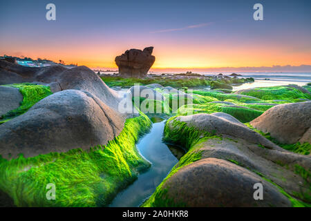 Seltsame Steine Moos und Algen begrüßt Dawn schönen neuen Tag Stockfoto