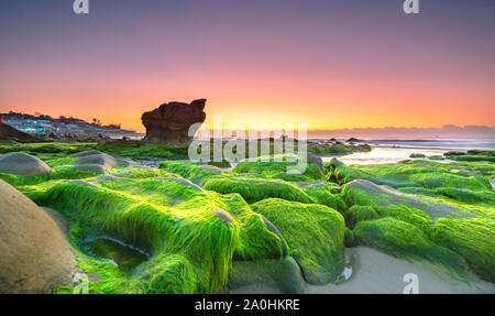 Seltsame Steine Moos und Algen begrüßt Dawn schönen neuen Tag Stockfoto