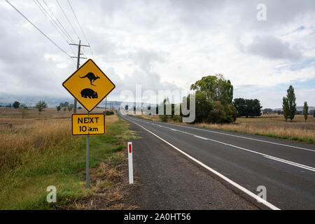 "Kangaroo und Wombat Kreuzung. 10 km' Zeichen entlang einer Straße in Australien. Stockfoto