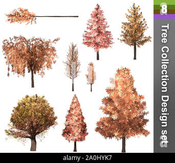 Baum Korrektur Design. 3D-Darstellung. Weißer Hintergrund isolieren. Natur und Gärten Design. Stockfoto