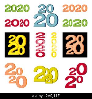 10 bunte Cartoon 2020 Zeichen. Neues Jahr symbol Kollektion Winter Holiday themed Vector Illustration für Stempel, Zertifikat, Broschüre, Geschenkkarten, invi Stock Vektor