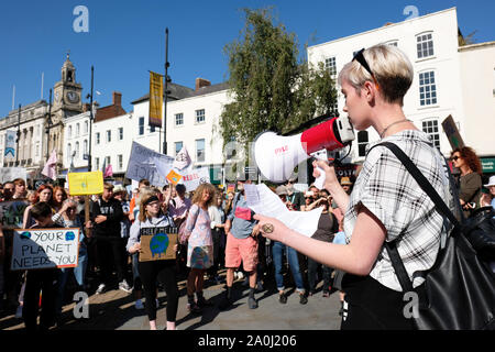 Hereford, Herefordshire, UK - Freitag 20 September 2019 - Schülerinnen und Schüler von den Hochschulen und Schulen in Hereford hören Speechs von studentischen Aktivisten auf ein Tag des Protestes gegen den Klimawandel als globales Klima Streik bekannt. Foto Steven Mai/Alamy leben Nachrichten Stockfoto