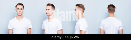 Collage 4in1 Portrait von allen Seiten der zuversichtlich, Ernst, Pro Stockfoto