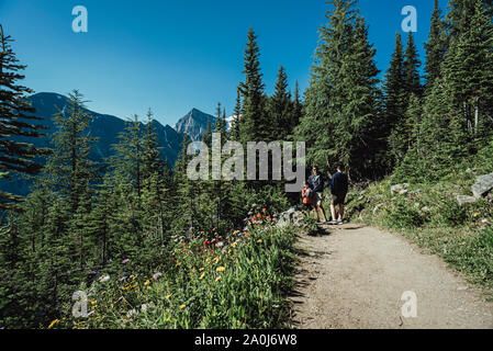 Mann und zwei jungen Wandern auf einem Weg durch die Berge zusammen. Stockfoto