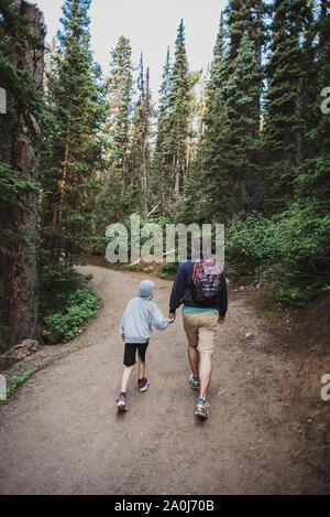 Vater und Sohn halten sich an den Händen, als sie auf einem Pfad in den Wald wandern. Stockfoto