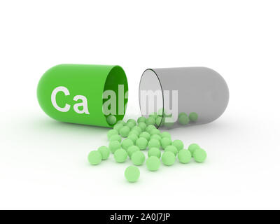 Kapsel mit Ca Calcium auf einem weißen Tisch öffnen, Nahrungsergänzungsmittel Konzept, 3D-Rendering Stockfoto