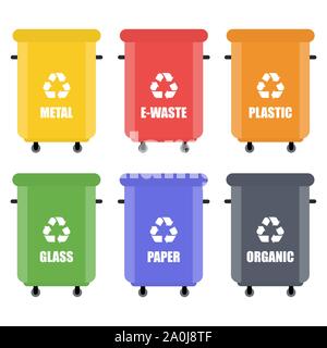 Abfall in Mülltonnen mit sortiert Müll Vector Icons. Stock Vektor