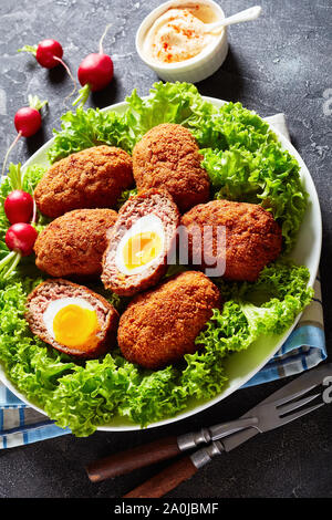 Close-up von Scotch Eier, gekochte Eier in Hackfleisch Wurst verpackt, mit Salat und Radieschen auf einem Schild an einem grauen Beton Tisch serviert mit Mayonnaise sau Stockfoto