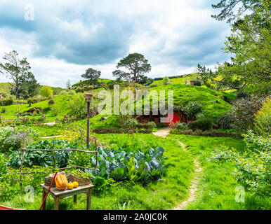 MATAMATA, NEUSEELAND - 10. OKTOBER 2018: Landschaft des Hobbiton Movie Set Stockfoto