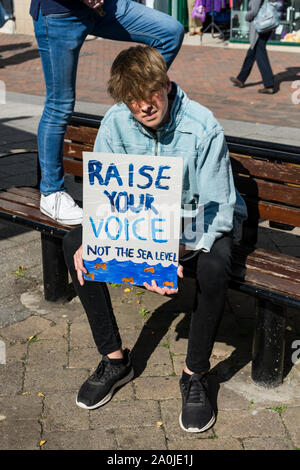 Hereford, Großbritannien. 20 Sep, 2019. Demonstranten auf die Straße, als Teil des globalen Klimawandels Streik in Hereford, Herefordshire, Vereinigtes Königreich am 20. September 2019. Der weltweite Tag der Aktion hat Tausende von Menschen auf der ganzen Welt auf die Straße gesehen für Maßnahmen gegen den Klimawandel, die von Regierung und Industrie zu nennen. Quelle: Jim Holz/Alamy leben Nachrichten Stockfoto