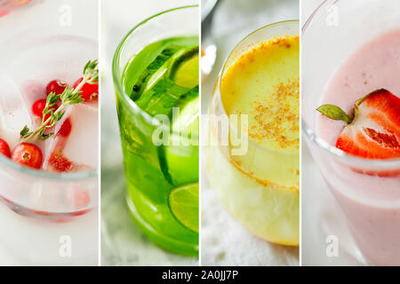 Schönen, gesunden Lebensstil Thema Collage der Diät Entgiftung Getränke close-up. vegane Getränke: Kokos Erdbeer Joghurt, Matcha Tee oder Limonade Stockfoto