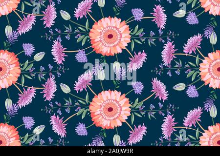 Die nahtlose Vektor floralen Muster. Bunte Herbst Astern, Salbei, golden-Daisy, Chrysantheme, Zinnia. Stock Vektor