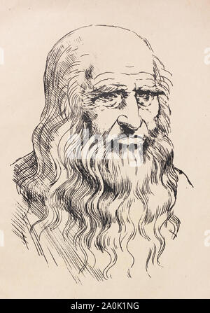 Selbstporträt von Leonardo Da Vinci. Mittelalterlichen Gravur. Stockfoto