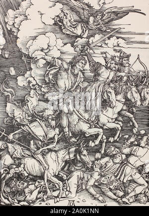 "Die vier Reiter "Gravur von der "Apokalypse" von Albrecht Dürer. Mittelalterlichen Gravur. Stockfoto