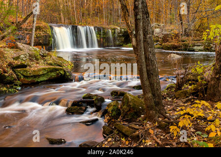 Seidig glatte Wasser fließt über Stromschnellen stromabwärts von Wolf Creek fällt im Herbst. Stockfoto