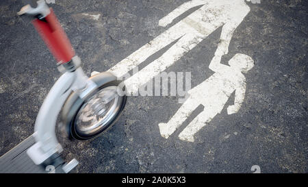 Elektroroller fahren auf die Fußgängerzone - 3D-Rendering Stockfoto