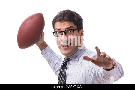 Der junge Unternehmer mit American Football isoliert auf weißem Stockfoto