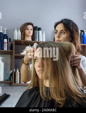 Professionelle friseur Mädchen mit Haarspray auf lange braune Haare. Prozess der Haar styling im Beauty Salon Stockfoto