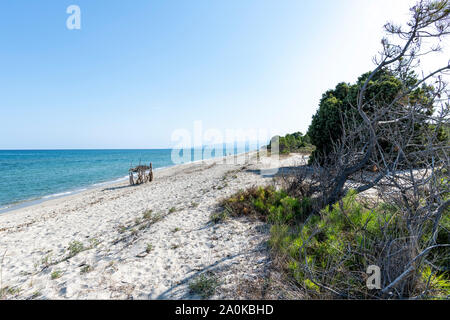 Touristen auf einen Sandstrand und das Mittelmeer im Sommer mit Kopie Raum, Ghisonaccia, Korsika, Frankreich Stockfoto