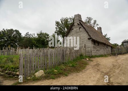 Alte Gebäude in Plimoth Plantation in Plymouth, MA Stockfoto