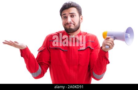 Junge Handwerker mit einem Megaphon Megaphon auf weißem Hintergrund Stockfoto