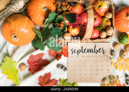 September Ernte von Äpfeln und Walnüssen in Korb, Kürbisse, Eicheln und Blätter Stockfoto