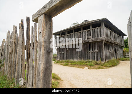 Alte Gebäude in Plimoth Plantation in Plymouth, MA Stockfoto