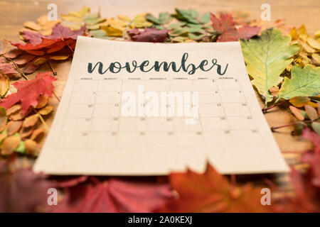 November Kalender auf Blatt Papier durch die Blätter im Herbst Farben umgeben Stockfoto