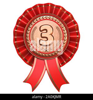 Bronzemedaille für den dritten Platz mit roten Bändern 3D-Render Abbildung auf weißem Hintergrund Stockfoto