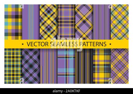 Set karierte Muster Nahtlose. Tartan Muster Stoff Textur. Checkered geometrischer Vektor Hintergrund. Schottische streifen Decke Kulisse. Mode Tuch col Stock Vektor