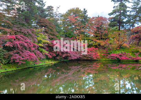 Hirosaki Schloss Park Herbst Laub Landschaft sehen. Schönen Landschaften von Cognac auf der Oberfläche spiegelt in sonniger Tag. Hirosaki Stadt Aomori Pref Stockfoto